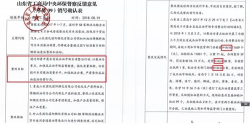 2018年11月1日，中央第三生態(tài)環(huán)境保護督察組進駐山東省開展&ldquo;回頭看&rdquo;。通過對相關(guān)部門走訪問詢，并抽查有關(guān)企業(yè)，發(fā)現(xiàn)山東省物流運輸企業(yè)違規(guī)使用普通柴油或其他高硫分燃油問題依然十分突出，柴油貨車尾氣污染嚴重。  一、基本情況  《大氣污染防治法》明確，禁止向汽車和摩托車銷售普通柴油以及其他非機動車用燃料。第一輪中央環(huán)保督察反饋指出，山東省以普通柴油替代車用柴油的情況較多，濱州等地市大量物流運輸企業(yè)違規(guī)使用普通柴油，尾氣污染問題突出。  為此，山東省整改方案要求，杜絕違規(guī)使用普通柴油的情況，并明確由原省工商局負責(zé)部署推進相應(yīng)整改工作。原省工商局于2018年8月1日上報山東省環(huán)境保護督察反饋意見整改工作領(lǐng)導(dǎo)小組，聲稱該問題完成整改并銷號。  二、主要問題  督察發(fā)現(xiàn)，原山東省工商局作為整改責(zé)任主體沒有認真履行整改職責(zé)，未就整改工作進行部署推進，整改任務(wù)目標完全落空，全省物流運輸企業(yè)違規(guī)使用普通柴油或高硫分燃油問題依然普遍存在。  （一）違規(guī)售油無人管。督察組抽查3個地市的4家煉化公司，發(fā)現(xiàn)這些煉化公司違規(guī)大量向物流運輸企業(yè)銷售普通柴油或其他高硫分燃油，導(dǎo)致這些柴油大量替代車用柴油使用，污染嚴重。2018年，東營齊潤化工有限公司將3萬余噸硫含量近2000mg/kg的常壓柴油售給物流運輸企業(yè)和加油站，墾利石化有限公司也將3萬余噸硫含量2000-3000mg/kg的燃油售給相關(guān)物流運輸企業(yè)和加油站，硫含量最高超標約300倍。2017年中央環(huán)保督察以來，山東匯豐石化集團有限公司將近40萬噸普通柴油銷往多家物流運輸企業(yè)，濰坊市昌邑石化有限公司將5萬余噸國Ⅳ和國Ⅴ的普通柴油售給物流運輸企業(yè)。現(xiàn)場抽查發(fā)現(xiàn)，物流運輸企業(yè)多數(shù)在自身停車場內(nèi)私自安裝加油裝置，將所購違規(guī)油品自用，昌邑市盛宏物流有限公司甚至違法轉(zhuǎn)售其他社會車輛。   圖1 昌邑市盛宏物流有限公司在停車場內(nèi)私設(shè)加油裝置  （二）督察整改做樣子。原省工商局作為督察整改的責(zé)任主體，接受任務(wù)時服從安排，實際整改時做做樣子。督察反饋明確指出問題主要是煉化公司違法向物流運輸企業(yè)銷售普通柴油替代車用柴油使用，導(dǎo)致汽車尾氣污染。但原省工商局等部門整改時僅部署對加油站和成品油倉儲批發(fā)企業(yè)的檢查，沒有將煉化公司到物流運輸企業(yè)的黑色鏈條作為查處對象。整改工作指東打西，真正問題沒有觸及。另外，整改方案明確的目標是&ldquo;強化日常監(jiān)督管理，杜絕違規(guī)使用普通柴油&rdquo;；但原省工商局擅自在銷號材料中將目標改為&ldquo;針對加油站開展專項整治行動&rdquo;，以此蒙混過關(guān)，虛假銷號。   圖2 原省工商局在銷號確認表上弄虛作假  （三）執(zhí)法監(jiān)管走過場。2017年以來，山東省各市共打擊取締非法加油點近2000家，但僅對涉案物流運輸企業(yè)進行了處罰，未能以此為線索追根溯源，對源頭煉化公司違規(guī)售油問題進行查處，煉化企業(yè)到物流運輸企業(yè)的黑色鏈條始終未被斬斷。  一些煉化企業(yè)長期游離于監(jiān)管之外，缺乏對法律的敬畏。2018年8月，生態(tài)環(huán)境部調(diào)研發(fā)現(xiàn)中國化工集團山東昌邑石化有限公司涉嫌違法生產(chǎn)銷售國Ⅳ普通柴油，但在進一步調(diào)查時，企業(yè)拒絕配合，不提供相關(guān)臺賬，并臨時編造相關(guān)記錄。&ldquo;回頭看&rdquo;進駐后，督察組再次現(xiàn)場檢查，要求企業(yè)提供儲運臺賬，企業(yè)依然拒絕提供，并繼續(xù)編造謊言，提供虛假材料，性質(zhì)十分惡劣。  對此，濰坊市查處不嚴不實，甚至試圖蒙混過關(guān)。在督察組兩次督導(dǎo)后，查處工作依然走過場，在未調(diào)度企業(yè)生產(chǎn)記錄和儲運臺賬等關(guān)鍵證據(jù)的情況下，即采信企業(yè)說法，甚至未調(diào)閱生產(chǎn)記錄就作出該企業(yè)2018年未生產(chǎn)銷售國Ⅳ普通柴油的結(jié)論。直到督察組再次督導(dǎo)、進一步明確要求后才加大查處力度，發(fā)現(xiàn)該企業(yè)2018年實際以燃料油名義違規(guī)銷售國Ⅳ普通柴油4萬多噸。  三、原因分析  原山東省工商局不在整改落實中下功夫，反而在整改銷號上動腦筋，表面整改，虛假整改問題突出。  山東省有關(guān)地市不敢動真碰硬，對違法銷售不合格油品的黑色鏈條整治不力，未能對油品來源追根溯源，未對煉化企業(yè)的違法行為依法查處。